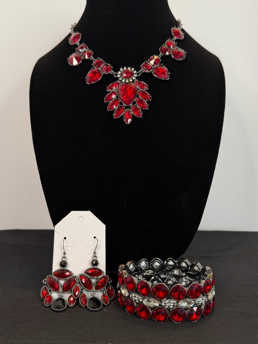 Red Crystal Statement Jewelry Set - Necklace, Earrings & Bracelet